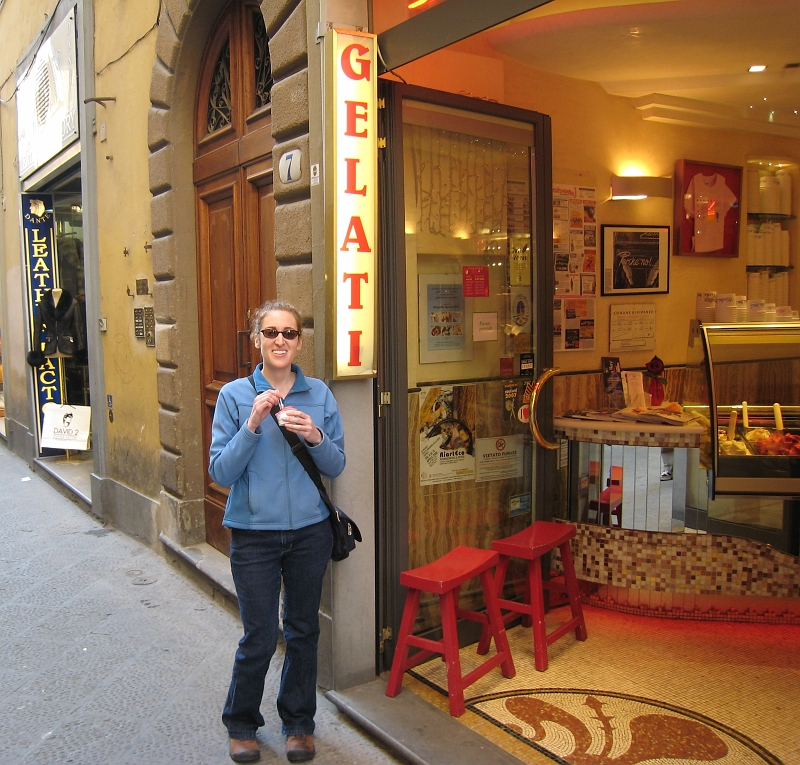 IMG_2058.JPG - Another common site on Dan and Merrie's tour of Italy.  Merrie tried a new flavor of gelato every day, sometimes two.  The full list includes...