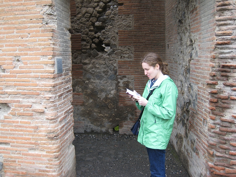 IMG_2164.JPG - Merrie reads some key facts from our little Pompeii tour book.
